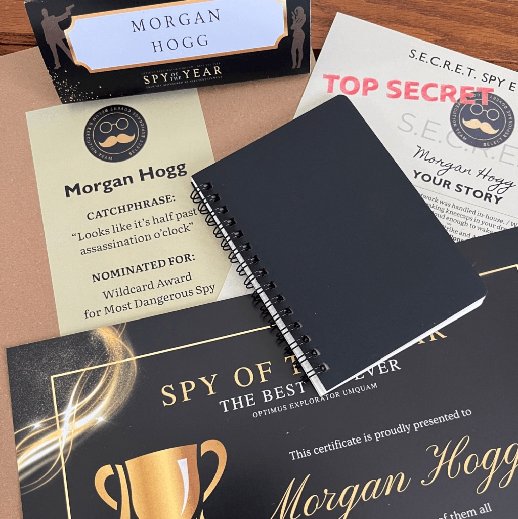 Documents on a table including a card for Morgan Hogg (Catchphrase: Looks like it's half past assassination o'clock) and one entitled "Top Secret"